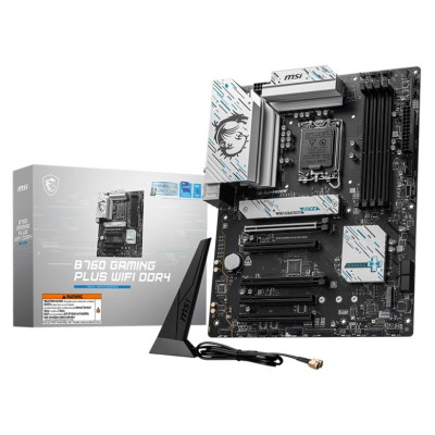 Материнська плата LGA1700, MSI B760 GAMING PLUS WIFI DDR4, B760, 4xDDR4, Int.Video(CPU), 4xSATA3, 2xM.2, 2xPCI-E 4.0 x16, 3xPCI-E 3.0 x16, ALC897, RTL8125BG, WiFi 6E, Bluetooth 5.3, 8xUSB3.2/6xUSB2.0, HDMI/DP, ATX