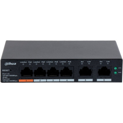 PoE комутатор Dahua DH-CS4006-4GT-60, 4x10/100 PoE, 2хRJ45 Uplink, 130х90х26 мм, Black