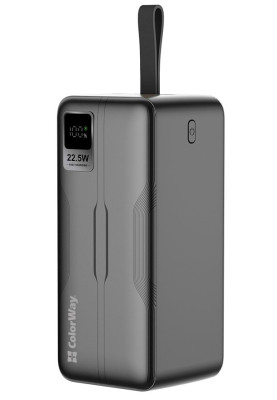 Універсальна мобільна батарея 50000 mAh, ColorWay, Black, 22.5 Вт, 1xType-C (PD3.0) / 1xUSB (QC4.0), вбуд. кабель Type-C / Lightning, цифровий LED дисплей (CW-PB500LPC5BK-PDD)