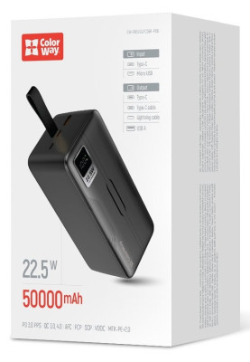 Універсальна мобільна батарея 50000 mAh, ColorWay, Black, 22.5 Вт, 1xType-C (PD3.0) / 1xUSB (QC4.0), вбуд. кабель Type-C / Lightning, цифровий LED дисплей (CW-PB500LPC5BK-PDD)