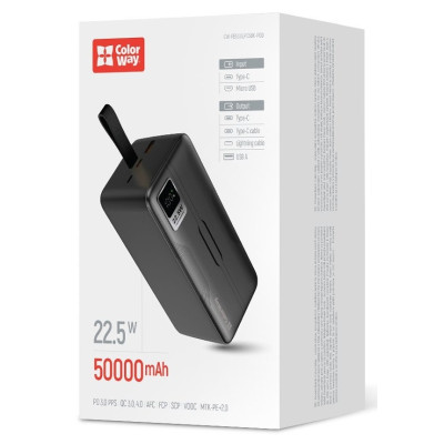 Універсальна мобільна батарея 50000 mAh, ColorWay, Black, 22.5 Вт, 1xType-C (PD3.0)/1xUSB (QC4.0), вбуд. кабель Type-C/Lightning, цифровий LED дисплей (CW-PB500LPC5BK-PDD)