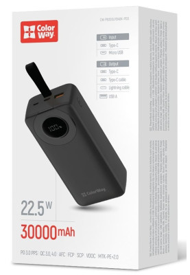 Універсальна мобільна батарея 30000 mAh, ColorWay EnergyPlus, Black, 22.5 Вт, 1xType-C (PD3.0) / 1xUSB (QC4.0), вбуд. кабель Type-C / Lightning, цифровий LED дисплей (CW-PB300LPB4BK-PDD)