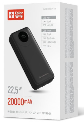 Універсальна мобільна батарея 20000 mAh, ColorWay EnergyPlus, Black, 22.5 Вт, 1xType-C (PD3.0) / 1xUSB (QC4.0), вбуд. кабель Type-C / Lightning, цифровий LED дисплей (CW-PB200LPB4BK-PDD)