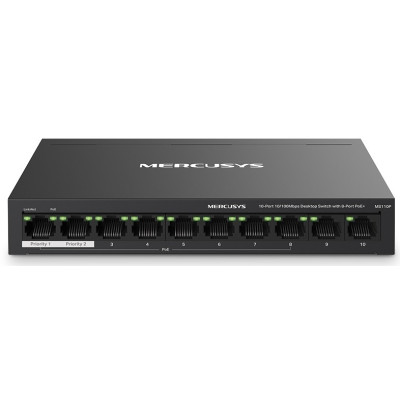 Комутатор Mercusys MS110P 10-портовий 10/100 Мбіт/с ( 8 портів PoE +) , 2xLAN 10/100Mbit, метал