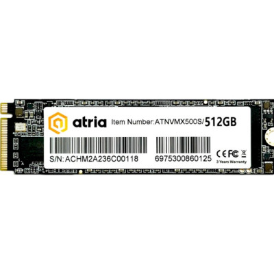 Твердотільний накопичувач SSD 512Gb, Atria X500S, PCI-E 3.0 x4, M.2 2280, 3D TLC, 2800/1300 МБ/с (ATNVMX500S/512)