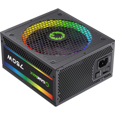 Блок живлення 750 Вт, GameMax RGB 750 PRO, Black, модульний, 80+ Gold, Active PFC, 14 см з ARGB підсвічуванням, 3xMolex / 8xSATA / 1x16-pin / 2x6+2-pin / 2x4+4-pin / 1x20+4 pin, захист OVP/UVP/OCP/OLP/OPP/SCP