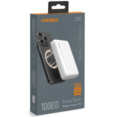 Універсальна мобільна батарея 10000 mAh, Videx VPB-331, White, 20 Вт, 1xType-C (PD3.0) / бездротова (15 Вт), LED індикатор заряду (VPB-331-W)