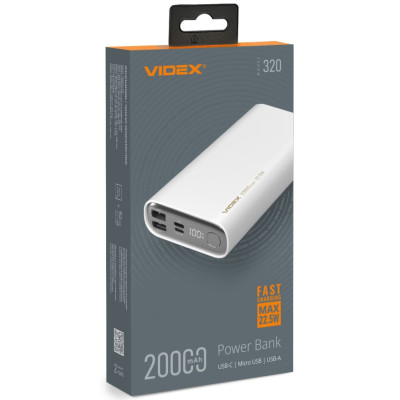 Універсальна мобільна батарея 20000 mAh, Videx VPB-320, White, 22.5 Вт, 1xType-C (PD3.0) / 2xUSB (QC3.0), цифровий LED-дисплей (VPB-320-W)