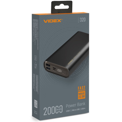Універсальна мобільна батарея 20000 mAh, Videx VPB-320, Black, 22.5 Вт, 1xType-C (PD3.0) / 2xUSB (QC3.0), цифровий LED-дисплей (VPB-320-B)