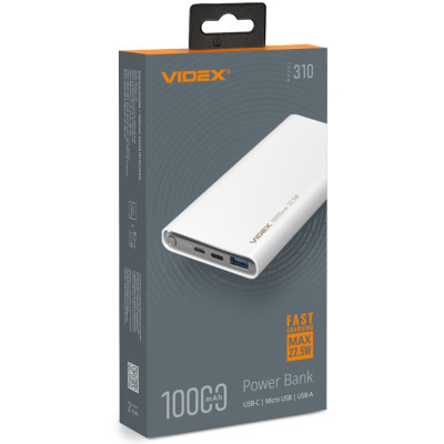 Універсальна мобільна батарея 10000 mAh, Videx VPB-310, White, 22.5 Вт, 1xType-C (PD3.0) / 1xUSB (QC3.0), LED індикатор заряду (VPB-310-W)