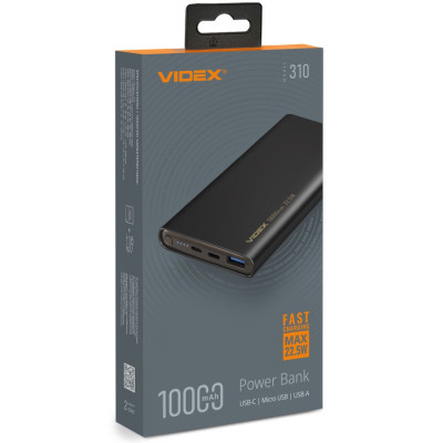 Універсальна мобільна батарея 10000 mAh, Videx VPB-310, Black, 22.5 Вт, 1xType-C (PD3.0) / 1xUSB (QC3.0), LED індикатор заряду (VPB-310-B)