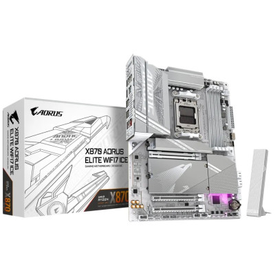 Материнська плата Gigabyte X870 AORUS ELITE WIFI7 ICE, X870, 4xDDR5, Int.Video (CPU), 4xSATA3, 4xM.2, 1xPCI-E 5.0 x16, 1xPCI-E 4.0 x16, 1 ALC1220, Realtek 2.5GbE, WiFi 7, Bluetooth 5.4, HDMI/2xType-C, ATX