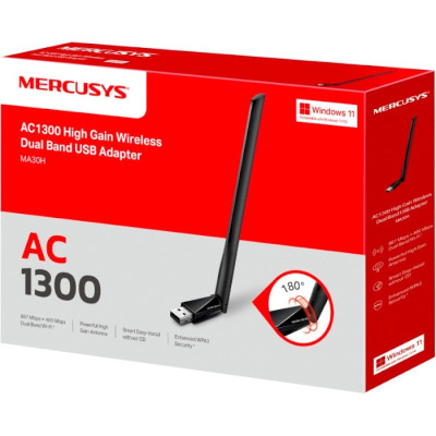 Мережевий адаптер Mercusys MA30H, Black, USB, WiFi 5, 5 GHz (867 Мбіт/с) / 2.4 GHz (400 Мбіт/с), 1 зовнішня антена з високим коефіцієнтом посилення 5 дБі