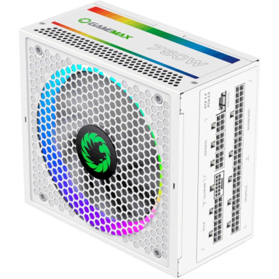Блок живлення 750 Вт, GameMax RGB 750 PRO, White, модульний, 80+ Gold, Active PFC, 14 см з ARGB підсвічуванням, 3xMolex / 8xSATA / 1x16-pin / 2x6+2-pin / 2x4+4-pin / 1x20+4 pin, захист OVP/UVP/OCP/OLP/OPP/SCP