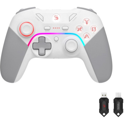 Геймпад Bloody GPW70, White/Grey, бездротовий (USB 2.4GHz), для ПК / PS3 / Switch / Android, подвійна вібрація, 600 mAh