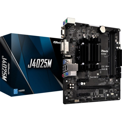 Мат.плата з процесором AsRock J4025M, Celeron J4025 (2x2.0-2.9GHz), 2xDDR4, UHD Graphics 600, 2xSATA3, 1xPCI-E 2.0 x16, 1xPCI-E 2.0 x1, 1xM.2 (Key E), ALC887, RTL8111E, 4xUSB3.2 / 7xUSB2.0, VGA/DVI-D/HDMI, mATX