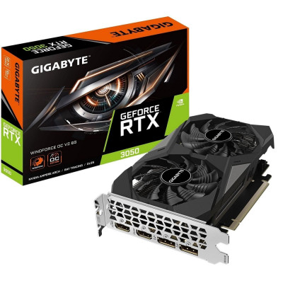 Відеокарта GeForce RTX 3050, Gigabyte, WINDFORCE OC V2, 6Gb GDDR6, 96-bit, 2xHDMI/2xDP, 1477/14000 MHz (GV-N3050WF2OCV2-6GD)