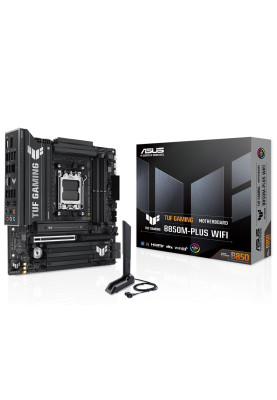 Материнська плата AM5 Asus TUF GAMING B850M-PLUS WIFI, B850, 4xDDR5, Int.Video (CPU), 4xSATA3, 3xM.2, 1xPCI-E 5.0 x16, 1xPCI-E 4.0 x1, ALC1220P, Realtek 2.5Gb, WiFi 6E, Bluetooth 5.3, 10xUSB 3.2 / 6xUSB 2.0, HDMI/DP, MicroATX