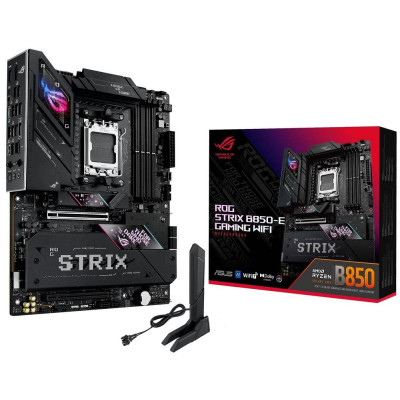 Материнська плата AM5 Asus ROG STRIX B850-E GAMING WIFI, B850, 4xDDR5, Int.Video (CPU), 4x SATA3, 5xM.2, 1x 5Gb, WiFi 7, Bluetooth 5.4, 10xUSB 3.2/8xUSB 2.0, HDMI/DP, ATX