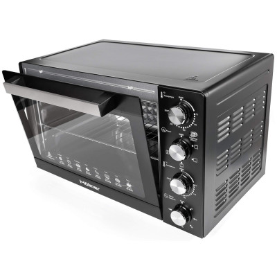 Електродуховка Holmer HEO-248CL, Black, 1700w, 48л, конвекція, 4 режими, роздільне регулювання температури, таймер, 70-250°С, противень з антипргарним покриттям, решітка гриль, ручка, фіксація відкритого положення дверцят