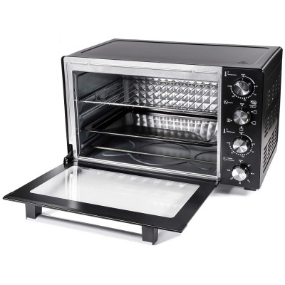 Електродуховка Holmer HEO-248CL, Black, 1700w, 48л, конвекція, 4 режими, роздільне регулювання температури, таймер, 70-250°С, противень з антипргарним покриттям, решітка гриль, ручка, фіксація відкритого положення дверцят