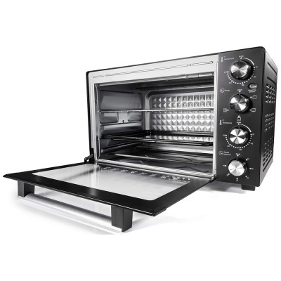 Електродуховка Holmer HEO-248CL, Black, 1700w, 48л, конвекція, 4 режими, роздільне регулювання температури, таймер, 70-250°С, противень з антипргарним покриттям, решітка гриль, ручка, фіксація відкритого положення дверцят