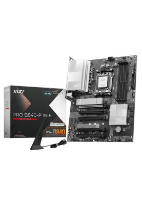 Материнська плата AM5 MSI PRO B840-P WIFI, B840, 4xDDR5, Int.Video (CPU), 4xSATA3, 2xM.2, 1xPCI-E 4.0 x16, 4xPCI-E 3.0 x16, ALC897, Realtek 8125D 2.5Gb, WiFi 7, Bluetooth 5.4, 7xUSB 3.2 / 8xUSB 2.0, HDMI, ATX