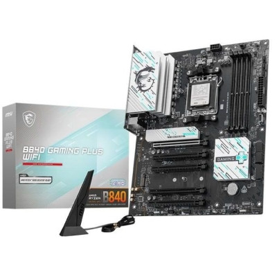 Материнська плата AM5 MSI B840 GAMING PLUS WIFI, B840, 4xDDR5, Int.Video (CPU), 4xSATA3, 2xM.2, 1xPCI-E 4.0x16, 4xPCI-E 3.0x16, ALC895. 7, Bluetooth 5.4, 7xUSB 3.2/8xUSB 2.0, HDMI, ATX
