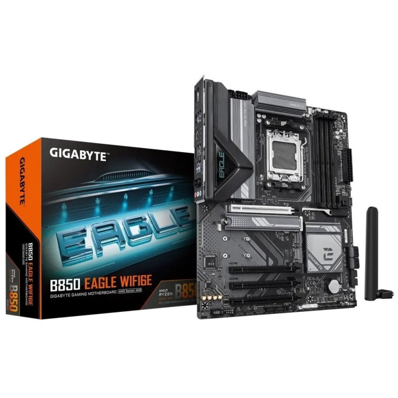 Материнська плата AM5 Gigabyte B850 EAGLE WIFI6E, B850, 4xDDR5, Int.Video (CPU), 4xSATA3, 3xM.2, 1xPCI-E 5.0 x16, 3xPCI-E 3.0 x16, Realtek 7.1, Realtek GbE, WiFi 6E, Bluetooth 5.3, 8xUSB 3.2 / 8xUSB 2.0, HDMI/DP, ATX