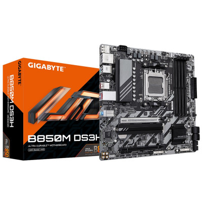 Материнська плата AM5 Gigabyte B850M DS3H, B850, 4xDDR5, Int.Video (CPU), 4xSATA3, 2xM.2, 1xPCI-E 5.0 x16, 1xPCI-E 3.0 x16, Realtek 7.1, Realtek 2.5GbE, 6xUSB 3.2 / 8xUSB 2.0, HDMI/2xDP, MicroATX