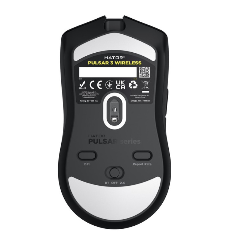 Миша бездротова Hator Pulsar 3, Black, Bluetooth / 2.4 GHz / USB, кабель 1.8 м, оптична (сенсор PixArt PMW 3311), 12000 dpi, RGB підсвічування, перемикачі HATOR Optical 100M, акумулятор 600 mAh (HTM630)