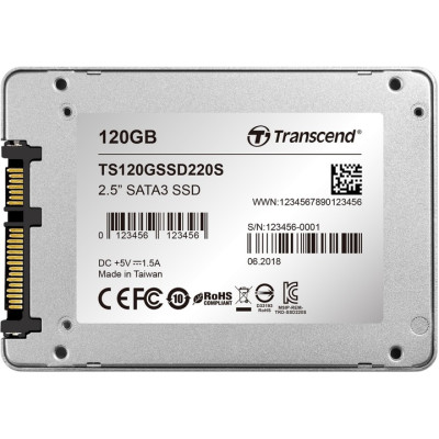 Твердотільний накопичувач SSD 120Gb, Transcend SSD220S, SATA3, 2.5", 3D TLC, 550/450 МБ/с (TS120GSSD220S)
