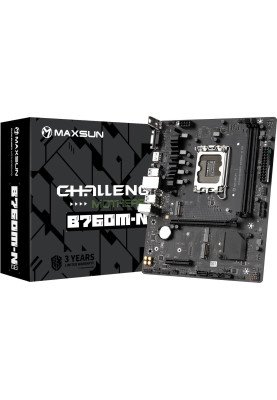 Мат.плата LGA1700, Maxsun Challenger B760M-N D5 V2, B760, 2xDDR5, Int.Video(CPU), 3xSATA3, 1xPCI-E 16x 4.0, 1xPCI-E 4x 3.0, 2xM.2 4.0, 1*M.2 (WiFi), I219V, 4xUSB3.2/2xUSB2.0, VGA/HDMI, MicroATX (MS-Challenger B760M-N D5)