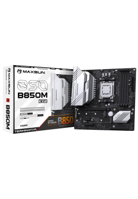 Материнська плата AM5 Maxsun Terminator B850M WIFI, B850, 4xDDR5, Int.Video (CPU), 4xSATA3, 2xM.2, 1xPCI-E 4.0 x16, 1xPCI-E 3.0 x4, 1xPCI-E 3.0 x1, ALC897, RTL8125BG, RTL8852BE, BT5.2, 4xUSB3.2/4xUSB2.0/1xUSB-C, DP/HDMI, Micro ATX