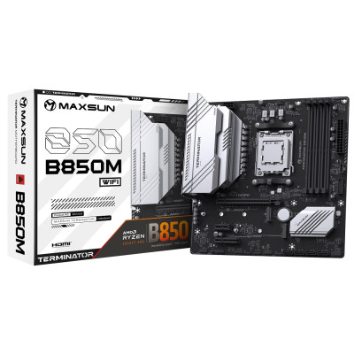 Материнська плата AM5 Maxsun Terminator B850M WIFI, B850, 4xDDR5, Int.Video (CPU), 4xSATA3, 2xM.2, 1xPCI-E 4.0 x16, 1xPCI-E 3.0 x4, 1xPCI-E 3.0 x1, ALC897, RTL8125BG, RTL8852BE, BT5.2, 4xUSB3.2/4xUSB2.0/1xUSB-C, DP/HDMI, Micro ATX