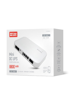 Джерело безперебійного живлення для роутера ColorWay Mini DC UPS, White, 8800 mAh (21Wh), 1xDC (12V/1.4A), 1xDC (9V/1.8A), 1xDC (5V/1.8A), 1xUSB (5V/1.8A), PoE (15V/1.3A / 24V/0.9A), індикатор заряду (CW-PB088LI3WT)
