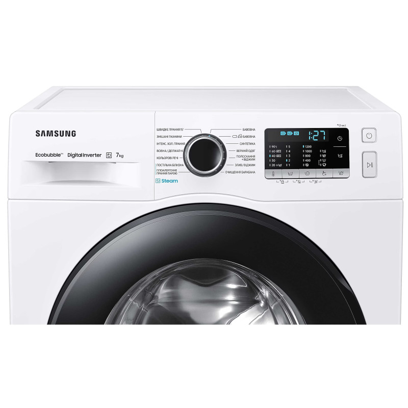 Пральна машина Samsung WW70AGAS22AEUA, White, 7кг, фронтальна, 14 програм, інвертор, швидкість віджиму 1200 об/хв, дісплей, клас енергоспоживання A+++, 85x60x45