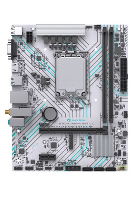 Мат.плата LGA1700, Maxsun B760M GAMING WIFI ICE, B760, 2xDDR4, Int.Video(CPU), 3xSATA3, 1xPCI-E 16x 4.0, 1xPCI-E 1x, 1xM.2 4.0, WiFi 5+BT4.2, RTL8111H, 2xUSB3.2/4xUSB2.0, VGA/HDMI, ARGB sync, MicroATX (MS-B760M GAMING WIFI ICE)