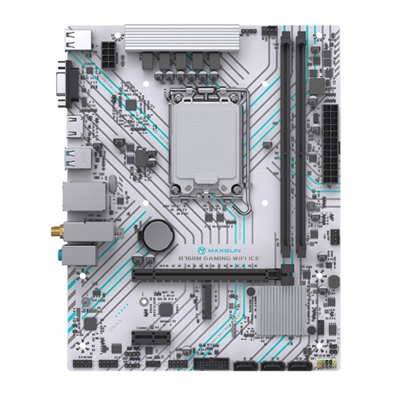 Мат.плата LGA1700, Maxsun B760M GAMING WIFI ICE, B760, 2xDDR4, Int.Video(CPU), 3xSATA3, 1xPCI-E 16x 4.0, 1xPCI-E 1x, 1xM.2 4.0, WiFi 5+BT4.2, RTL8111H, 2xUSB3.2/4xUSB2.0, VGA/HDMI, ARGB sync, MicroATX (MS-B760M GAMING WIFI ICE)