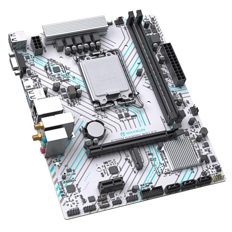 Мат.плата LGA1700, Maxsun B760M GAMING WIFI ICE, B760, 2xDDR4, Int.Video(CPU), 3xSATA3, 1xPCI-E 16x 4.0, 1xPCI-E 1x, 1xM.2 4.0, WiFi 5+BT4.2, RTL8111H, 2xUSB3.2/4xUSB2.0, VGA/HDMI, ARGB sync, MicroATX (MS-B760M GAMING WIFI ICE)
