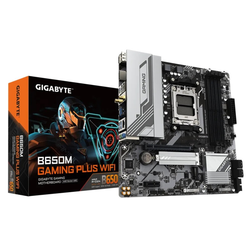 Материнська плата AM5 Gigabyte B650M GAMING PLUS WIFI, B650, 4xDDR5, Int.Video (CPU), 4xSATA3, 2xM.2, 1xPCI-E 4.0 x16, 1xPCI-E 3.0 x1, Realtek 7.1, Realtek 2.5Gb, WiFi 6E, Bluetooth 5.3, 7xUSB 3.2 / 6xUSB 2.0, HDMI/2xDP, MicroATX