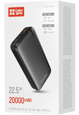 Універсальна мобільна батарея 20000 mAh, ColorWay EnergyPlus, Black, 22.5 Вт, 1xType-C (PD3.0) / 2xUSB (QC4.0), LED індикатор заряду (CW-PB200LPB4BK-PD)