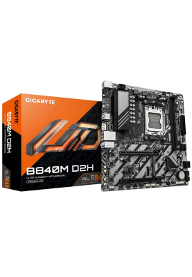 Материнська плата AM5 Gigabyte B840M D2H, B840, 2xDDR5, Int.Video (CPU), 4xSATA3, 2xM.2, 1xPCI-E 4.0 x16, 1xPCI-E 3.0 x16, Realtek 7.1, Realtek 2.5GbE, 4xUSB 3.2 / 8xUSB 2.0, HDMI, MicroATX