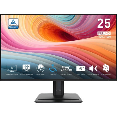 Монітор 24.5" MSI PRO MP251 E2, Black, WLED, IPS, 1920x1080 (16:9), 1 мс, 120 Гц, 300 кд/м², 1500:1, HDR400, 178°/178°, VGA/HDMI/DP, 2x2 Вт, VESA 100x100 мм, Adaptive Sync