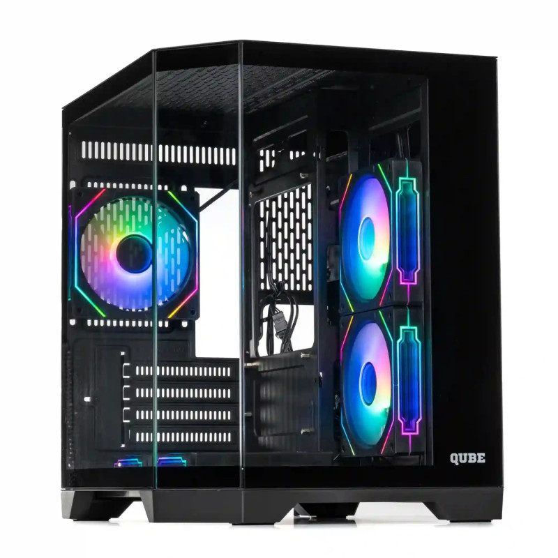 Корпус Qube Crystal ARGB, Black, Mini Tower, без БЖ, для microATX / mini-ITX, 1xUSB 3.2 / 2xUSB 2.0, макс. CPU - 160 мм / VGA - 320 мм, 5x120 мм RGB, бічна панель із загартованого скла (CRYSTAL_GBNU3)