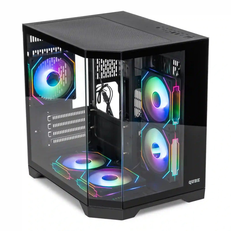 Корпус Qube Crystal ARGB, Black, Mini Tower, без БЖ, для microATX / mini-ITX, 1xUSB 3.2 / 2xUSB 2.0, макс. CPU - 160 мм / VGA - 320 мм, 5x120 мм RGB, бічна панель із загартованого скла (CRYSTAL_GBNU3)