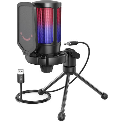 Мікрофон Fifine A6V, Black, USB, підключення дротове, підсвічування, - 40 дБ, кабель 2 м, настільний штатив, поп-фільтр