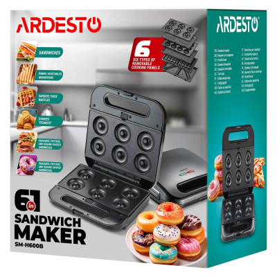 Мультимейкер Ardesto SM-H600B, Black, 700 Вт, 6 пластин в комплекті, антипригарне покриття, нековзаючі ніжки, захист від перегріву, ручка з фіксатором