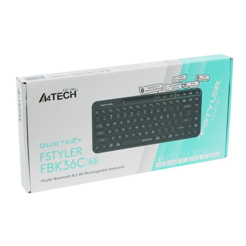 Клавіатура бездротова A4Tech FBK36C AS "Fstyler", Black, Bluetooth / USB 2.4GHz, компактний розмір, 12 мультимедійних кнопок, безшумна робота (QuietKey), до 3-х пристроїв, акумулятор, UA/US