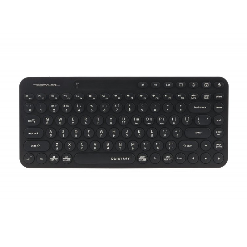Клавіатура бездротова A4Tech FBK36C AS "Fstyler", Black, Bluetooth / USB 2.4GHz, компактний розмір, 12 мультимедійних кнопок, безшумна робота (QuietKey), до 3-х пристроїв, акумулятор, UA/US